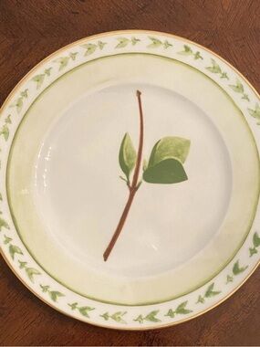 Raynaud White and Green Leaf Porcelain Dinner Plate with Gold Rim